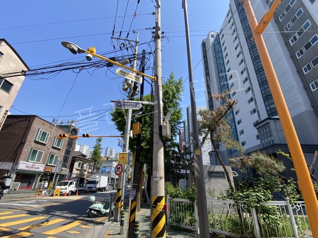 5-1지점 설치 전, 고가교 하부 전주에 보호구역 표지가 없는 모습
