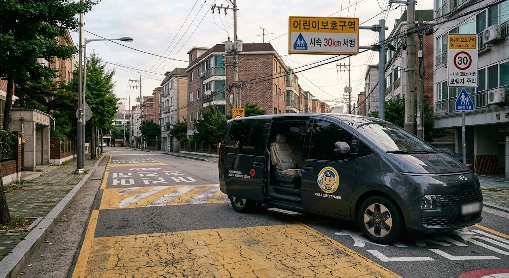 정차한 승합차와 하차하는 상황을 상징하는 도로변 장면