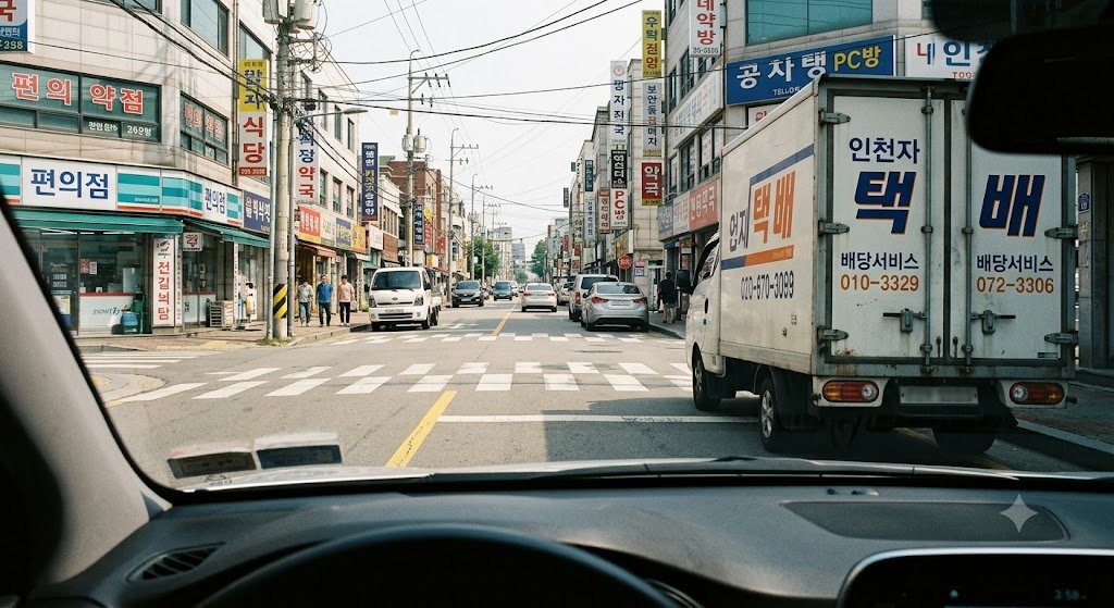 정차한 화물트럭에 가려진 교차로 시야