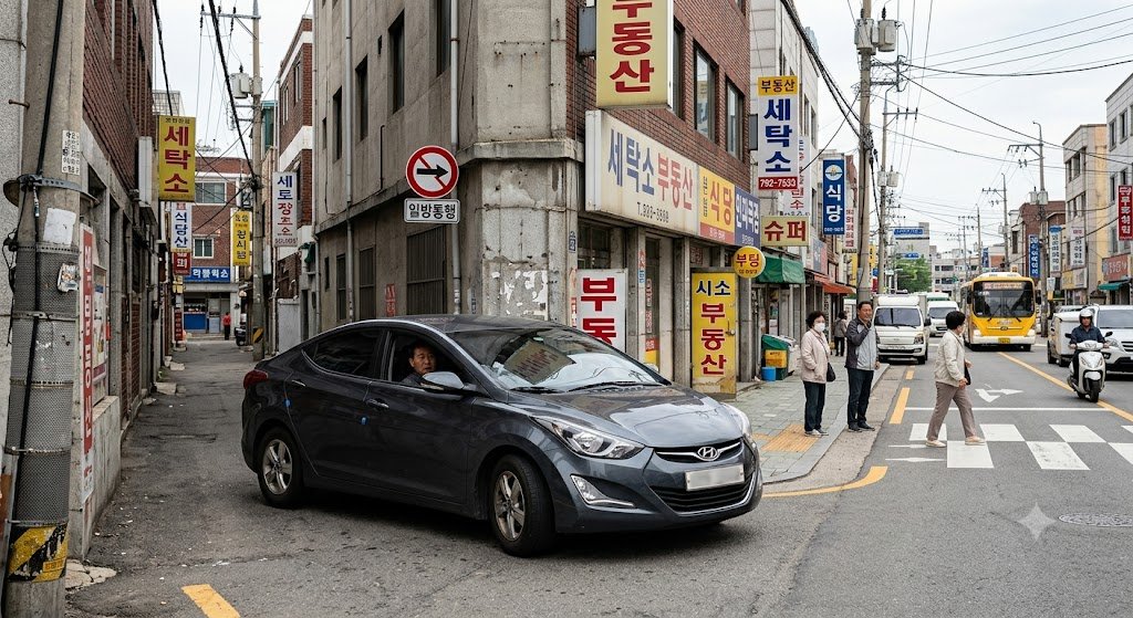 좁은 이면도로에서 교차로로 진입하는 순간