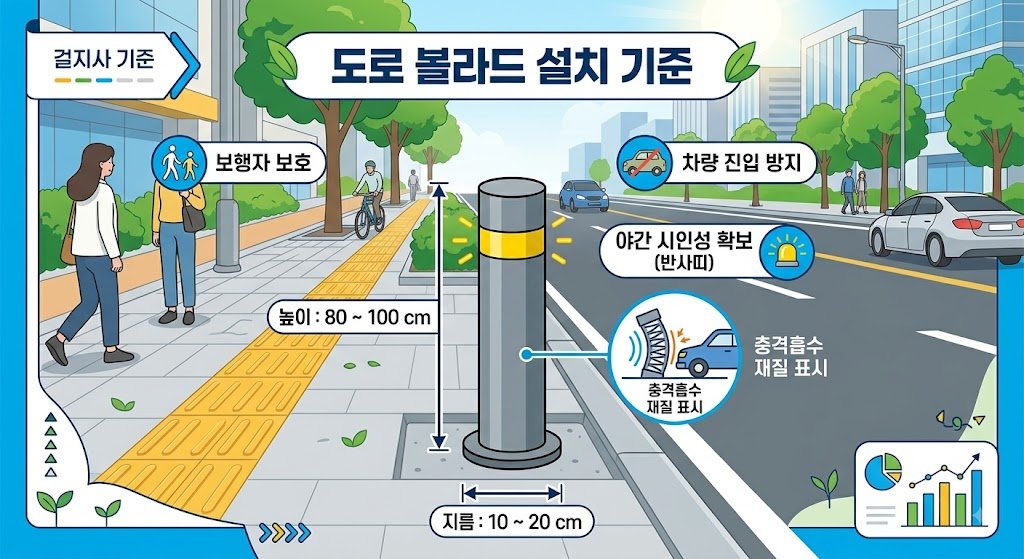 볼라드 설치기준 인포그래픽 - 높이 80~100cm, 지름 10~20cm, 충격흡수 재질 안내