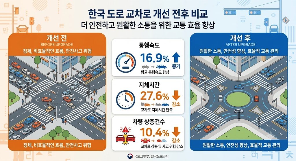 "도로교통공단 교차로 개선 전후 통행속도·지체시간·상충건수 변화 인포그래픽"