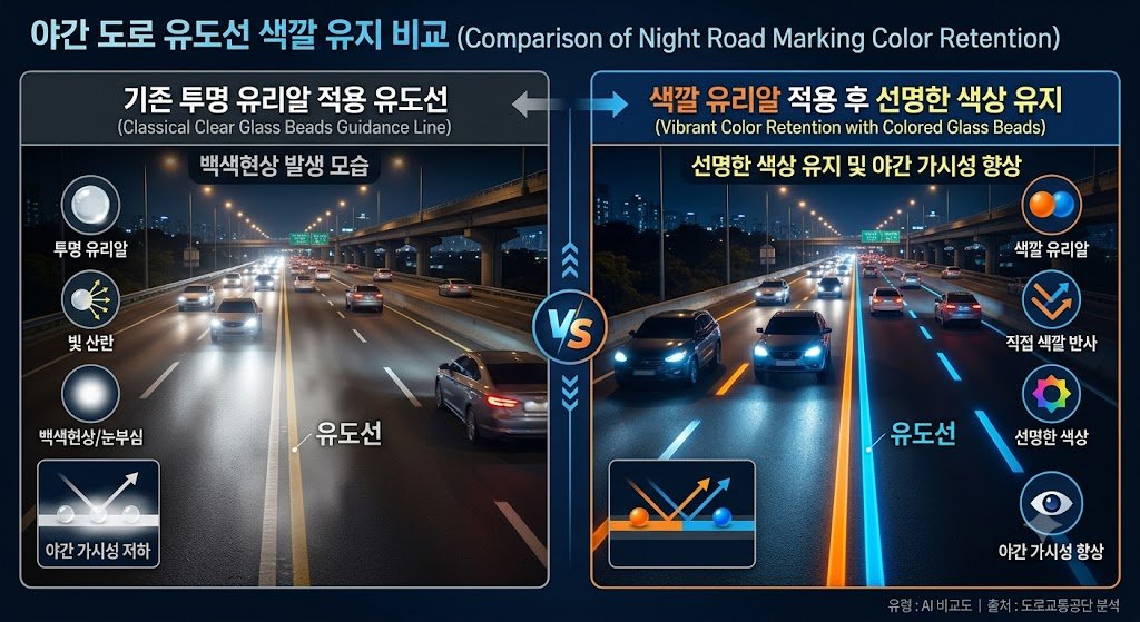 한국도로공사 ‘색깔 유리알’ 노면 유도선 국내 최초 도입 — 야간 백색현상 해결 사례
