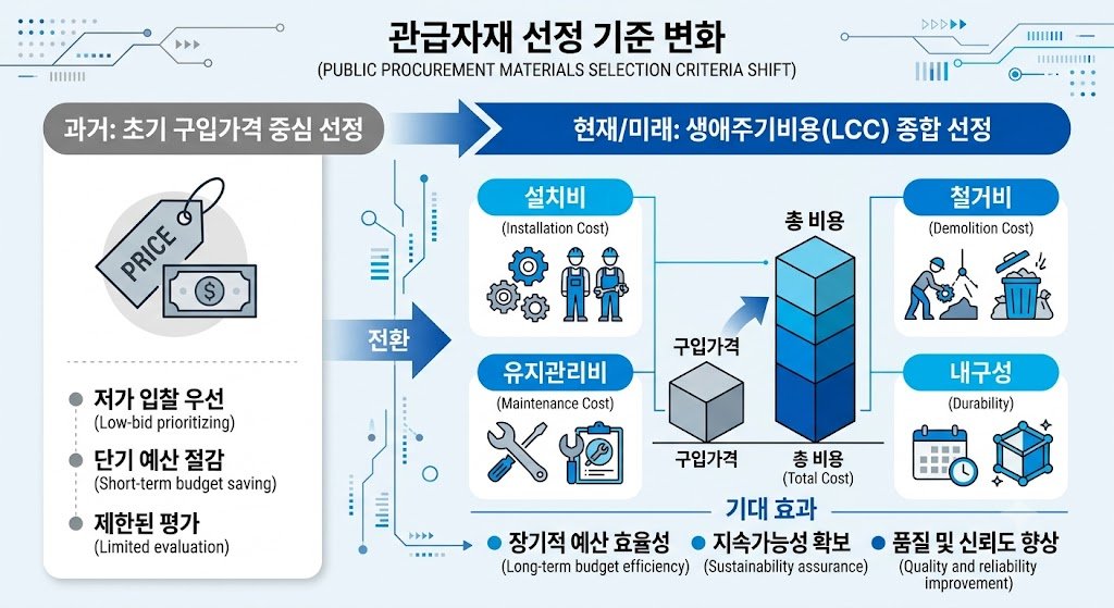 관급자재 선정 기준 변화를 보여주는 플로우 인포그래픽
