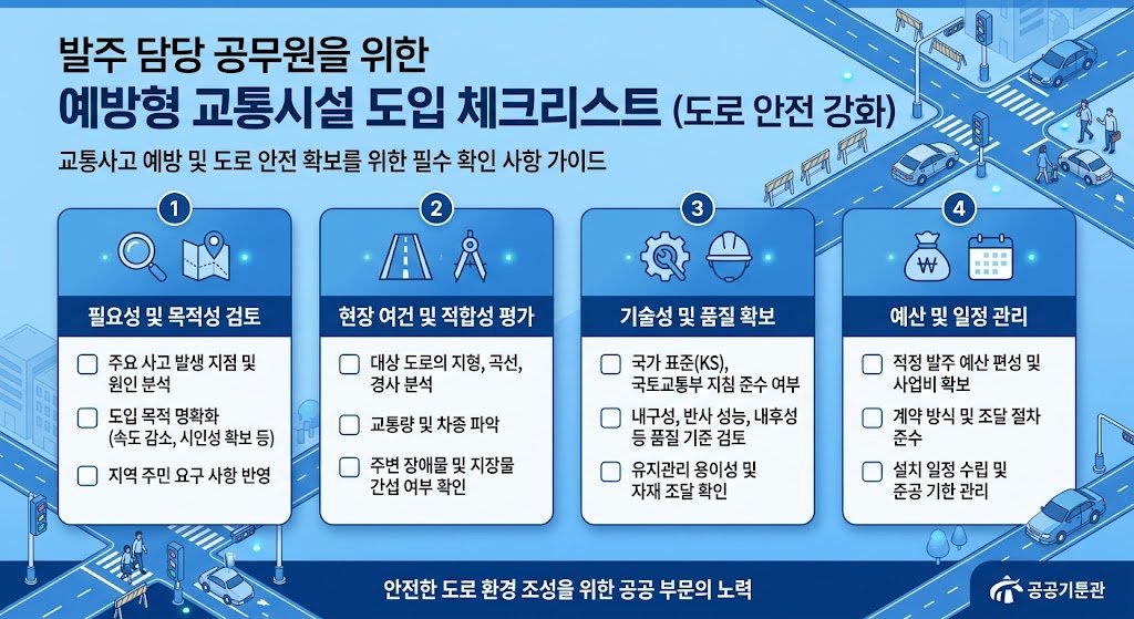 "예방형 교통시설 도입을 위한 발주처 체크리스트 인포그래픽, 예산 비교와 설치 시점 항목 포함"