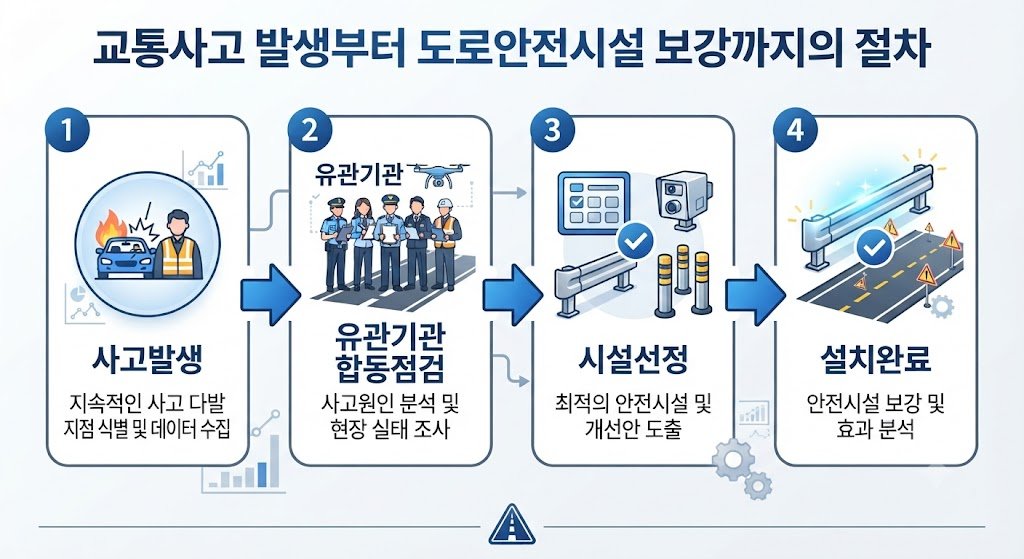 "교통사고 발생 후 유관기관 합동점검을 거쳐 도로안전시설을 설치하는 4단계 절차 인포그래픽"