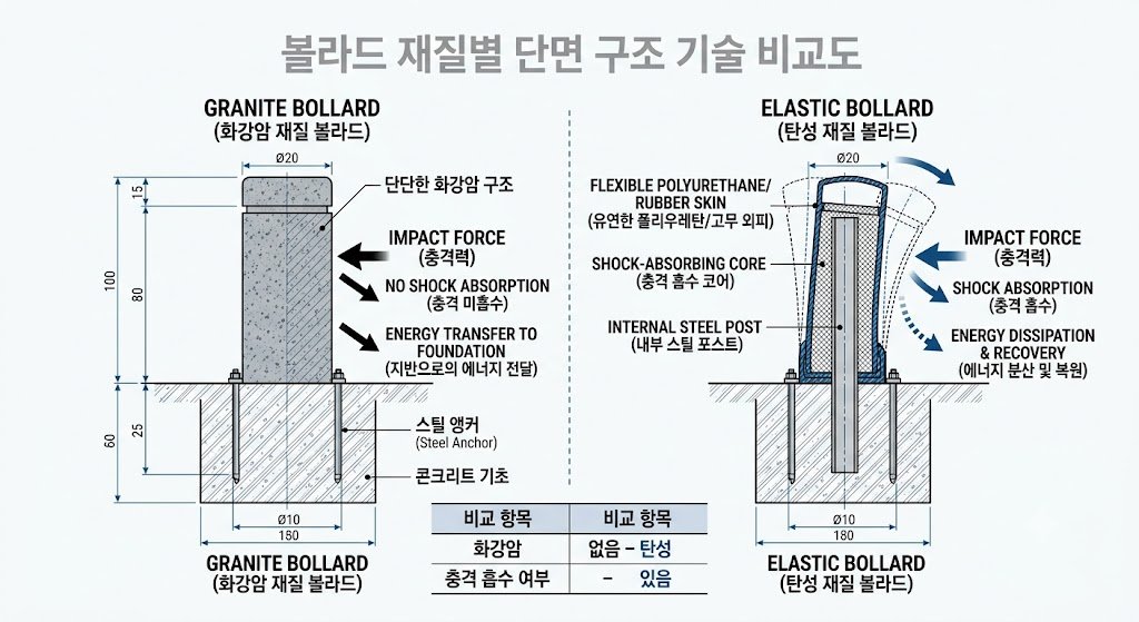 화강암 볼라드 vs 탄성 볼라드 단면 비교