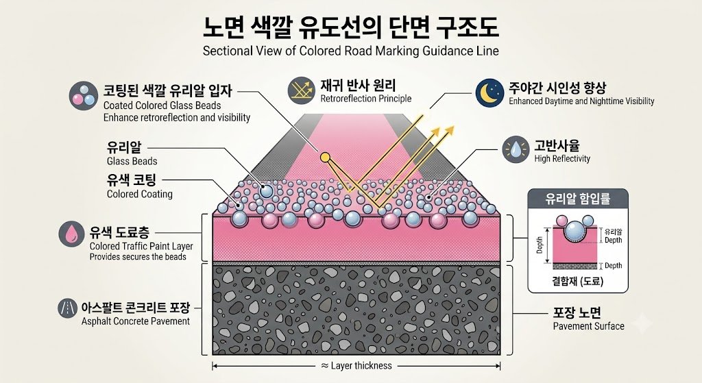 "색깔 유리알 노면 유도선 단면 구조 도해, 도료층과 코팅 유리알 배치"