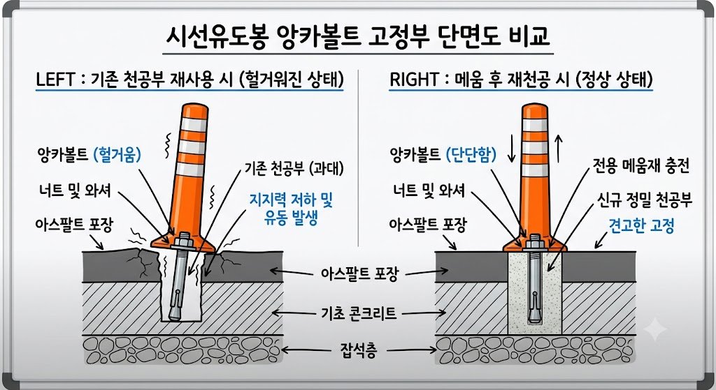 시선유도봉 앙카볼트 고정부 단면도, 기존 천공부 재사용 시 헐거워진 상태와 메움 후 재천공한 정상 상태를 좌우로 비교하는 기술 도해