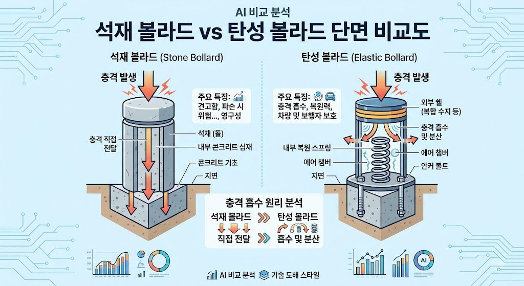 석재 볼라드와 탄성 볼라드 충격흡수 성능 비교 - 보행자 안전 비교도