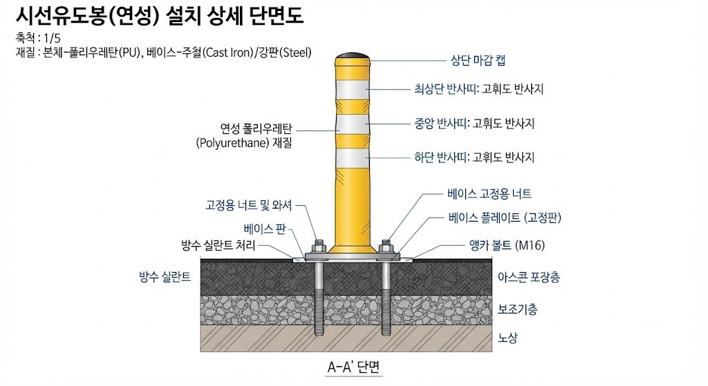 "시선유도봉의 설치 단면 구조를 보여주는 기술 도면, 반사띠와 연성 재질 표시"