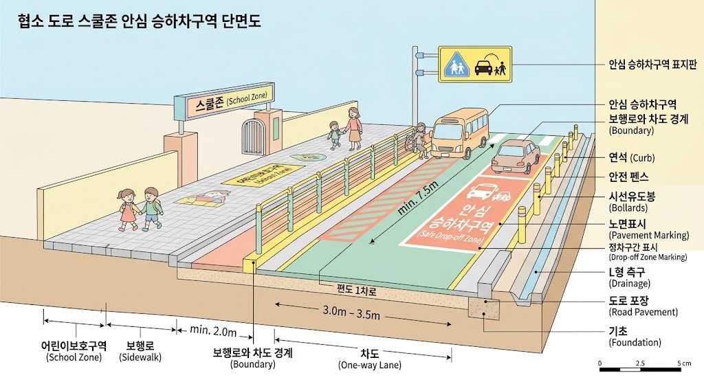 "편도 1차로 스쿨존 승하차구역 단면도, 보행로 차도 경계 및 정차구간 표시"