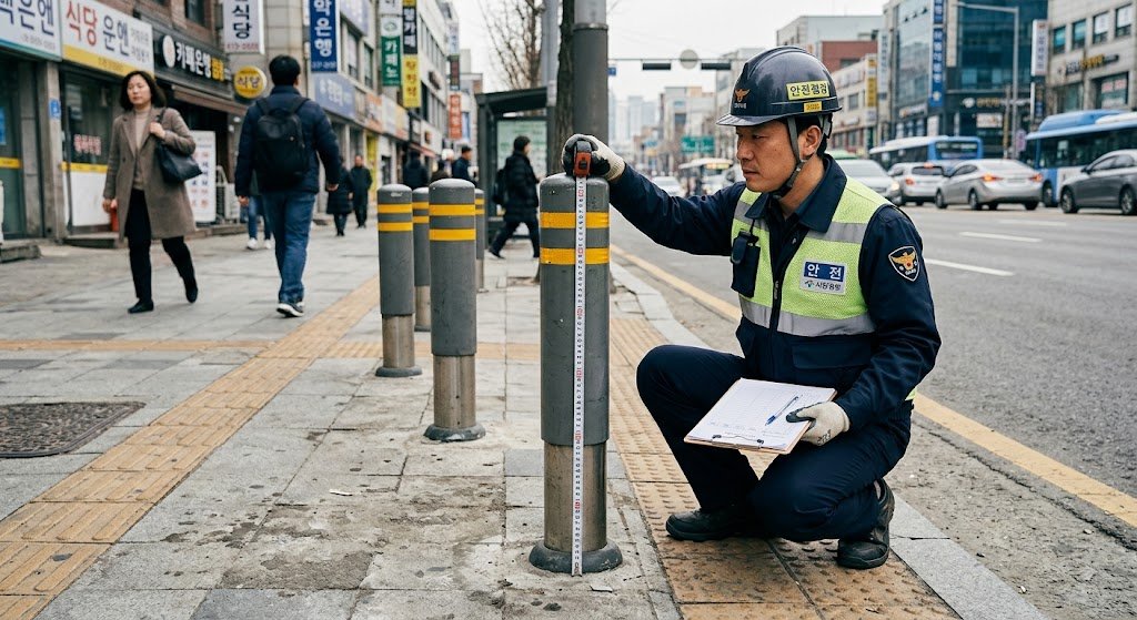 인도 볼라드 현장 점검 모습 - 높이·간격 실측 장면