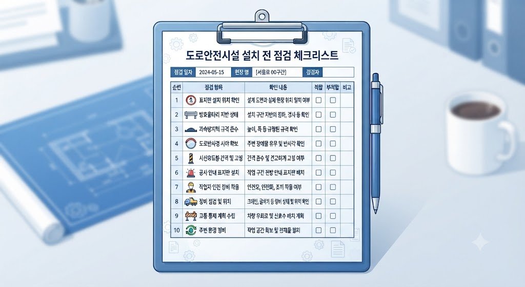 "도로안전시설 설치 전 확인해야 할 체크리스트가 담긴 클립보드 일러스트"