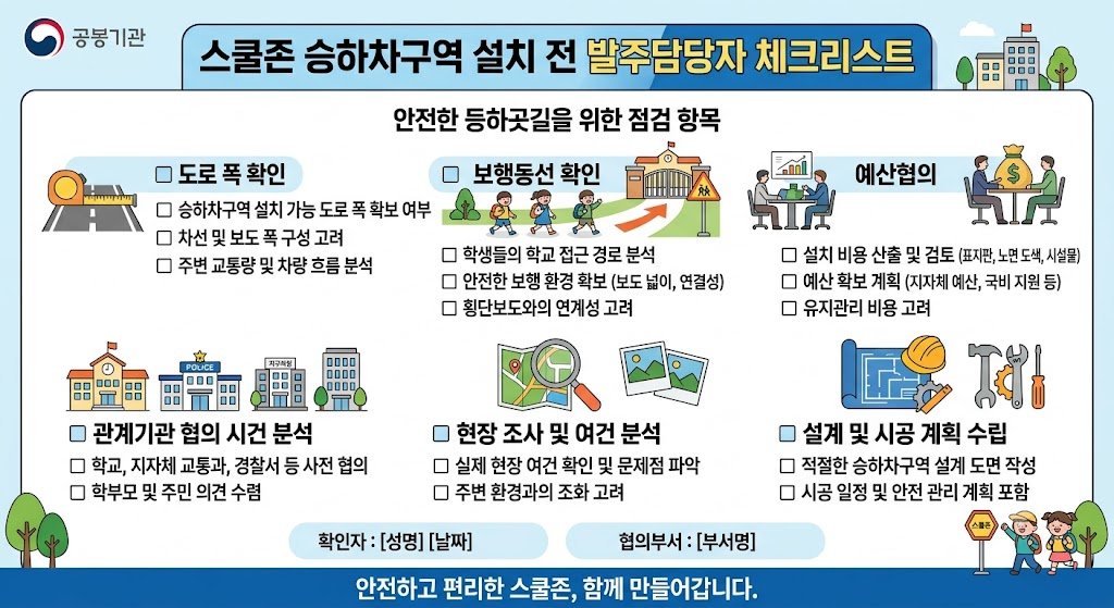 "스쿨존 안심 승하차구역 설치 전 발주담당자 체크리스트 이미지"