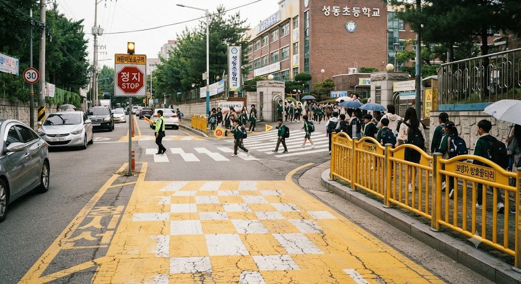 어린이보호구역 스쿨존 노면표시와 방호울타리, 일시정지 표지가 설치된 현장 실사 이미지