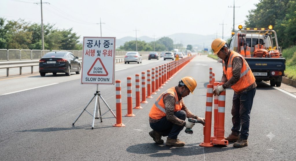 도로 공사구간에 임시 안전시설이 설치된 현장 사진