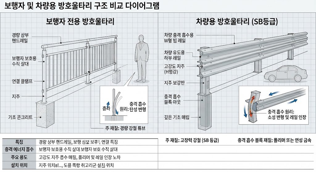 보행자용과 차량용 방호울타리의 구조·성능 차이를 비교한 기술 다이어그램