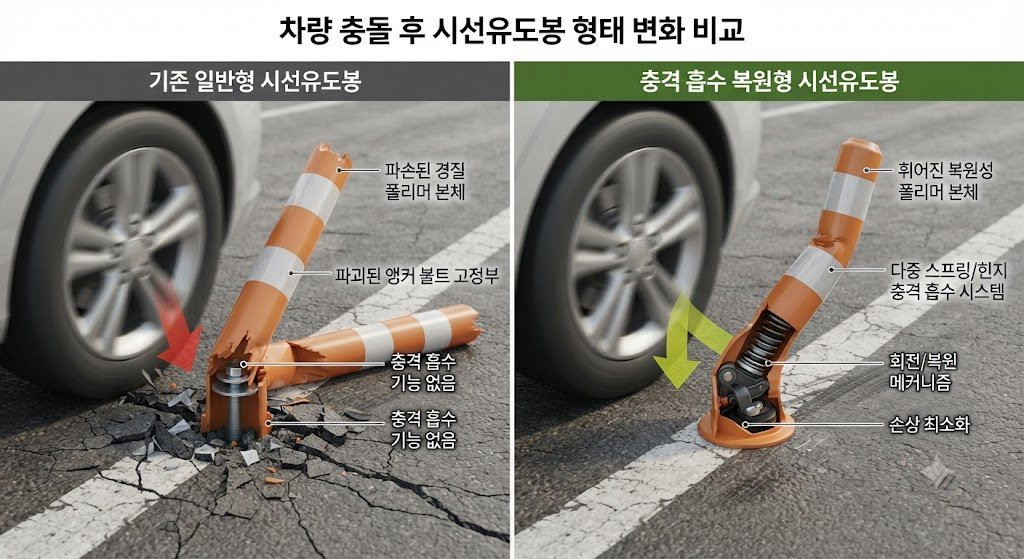 일반형과 충격 복원형 시선유도봉의 충돌 후 형태 비교 이미지