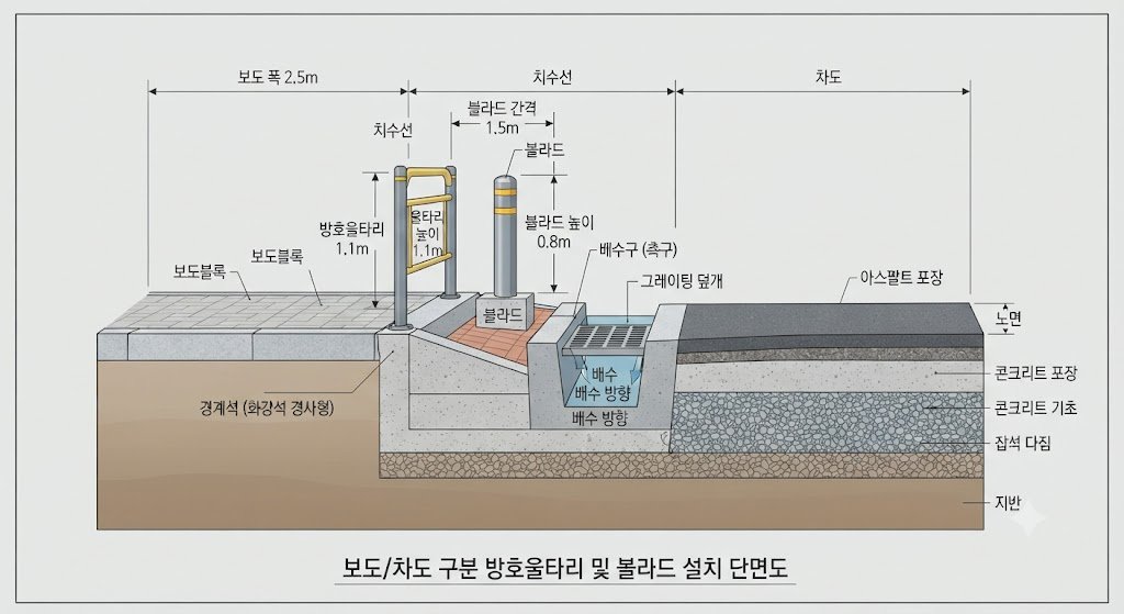 방호울타리와 볼라드로 보도와 차도를 분리하는 설치 단면 구조를 보여주는 기술 도면