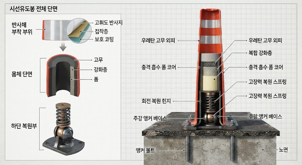 시선유도봉 내부 구조 단면도, 재질과 고정부 표시
