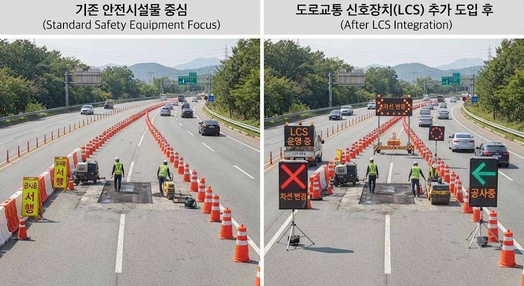 기존 안전시설물과 도로교통 신호장치 도입 후 작업구간 관리 방식 비교