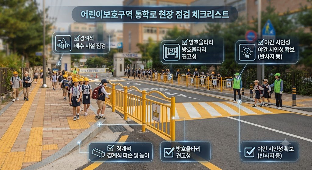 통학로 안전시설 시공 시 확인할 체크리스트 항목을 표시한 현장 점검 이미지