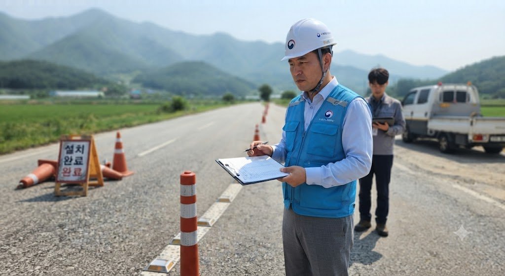 도로 안전시설을 점검하는 발주처 담당자의 모습