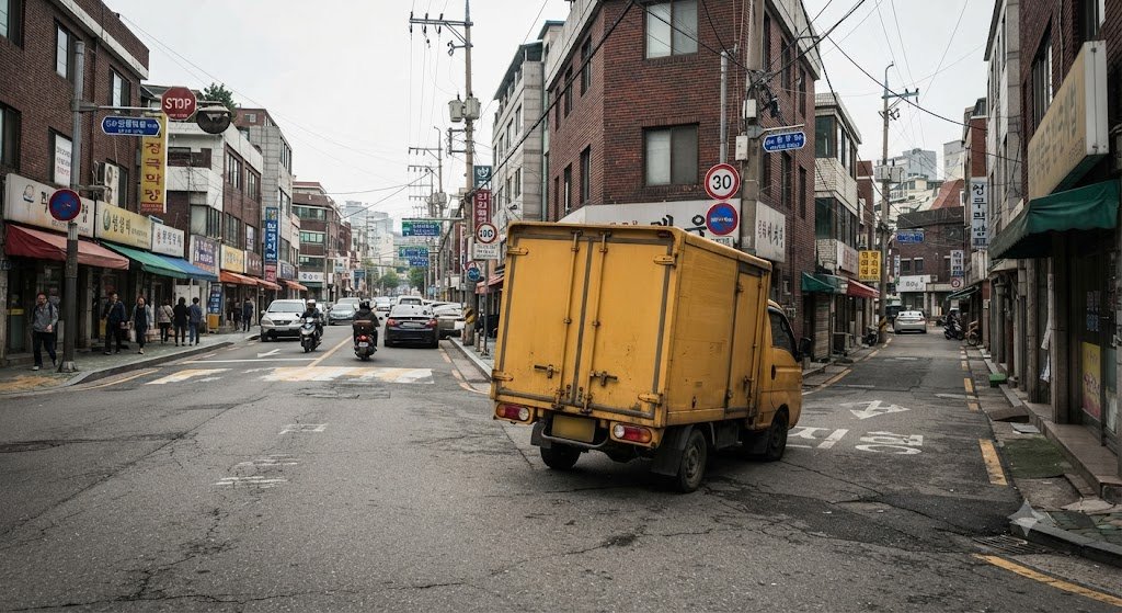 정차 화물트럭으로 시야가 가려진 비보호 교차로 현장 사진