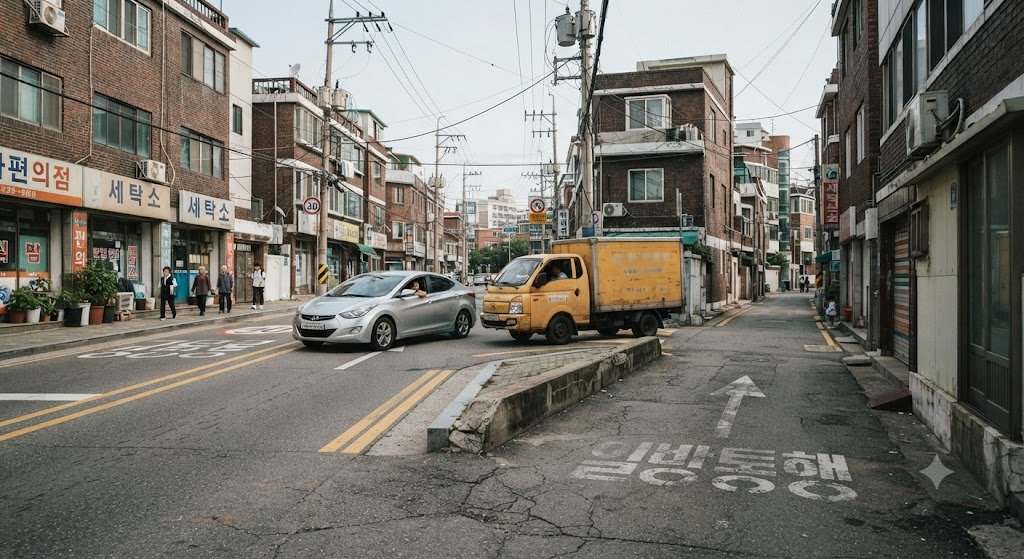 좁은 이면도로와 넓은 도로가 만나는 비보호 교차로 현장 사진