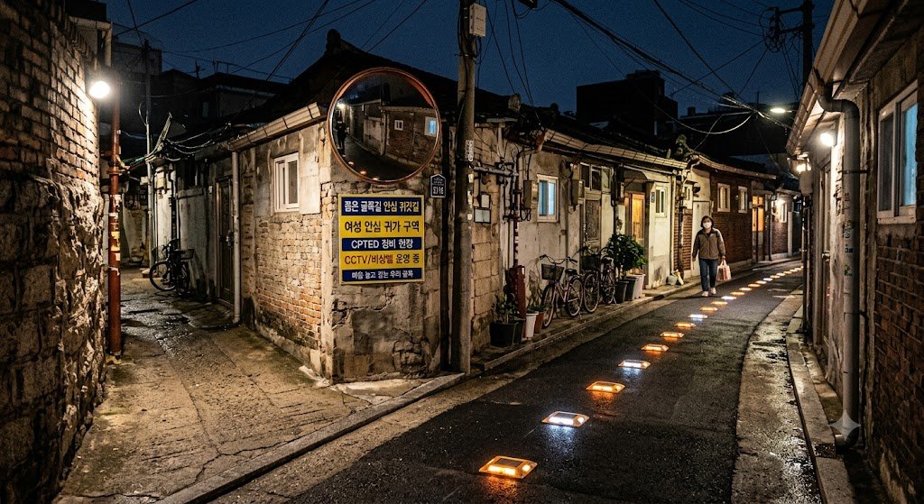 "주안3동 안심골목길 CPTED 사업으로 설치된 도로표지병과 안심반사경 야간 골목 환경 개선 현장"