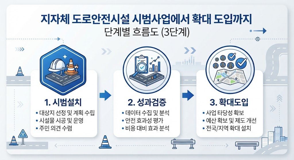 "지자체 도로안전시설 시범사업에서 확대설치까지 3단계 정책 흐름 인포그래픽"
