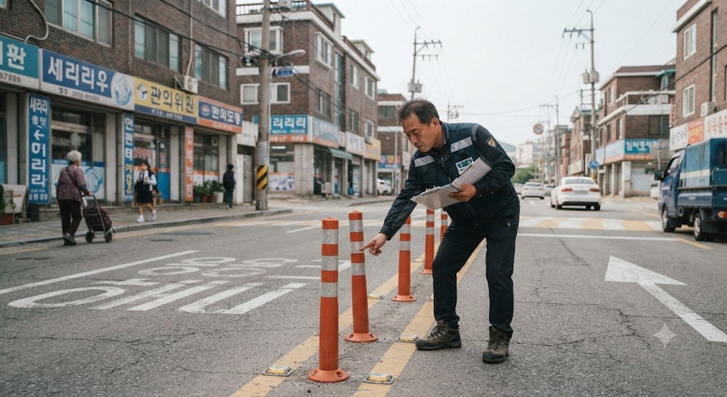 교차로 진입로의 안전시설을 점검하는 현장 사진