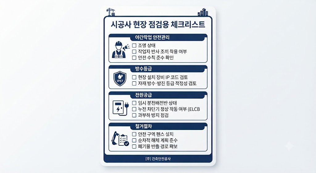  "발광형 도로표지 시공 시 시공사 확인 체크리스트, 안전관리 및 전원공급 점검 항목"