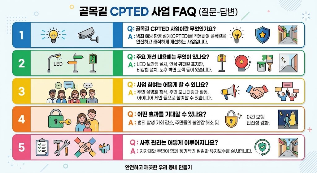 "안심골목길 CPTED 사업 예산 설치시설 대상지 선정 FAQ 인포그래픽"