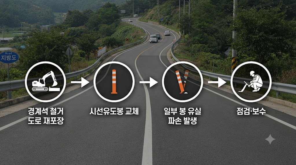 내리막 곡선 도로 실사 위에 경계석 철거, 시선유도봉 교체, 일부 유실, 점검 보수 순서를 표시한 시선유도봉 훼손 사례 흐름도