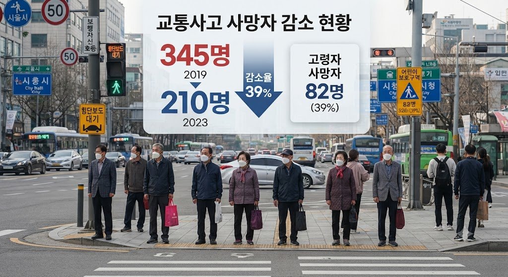 서울 횡단보도 배경 위에 교통사고 사망자 345명에서 210명으로의 감소와 고령자 비중 39%를 표시한 고령보행자 교통안전 인포그래픽