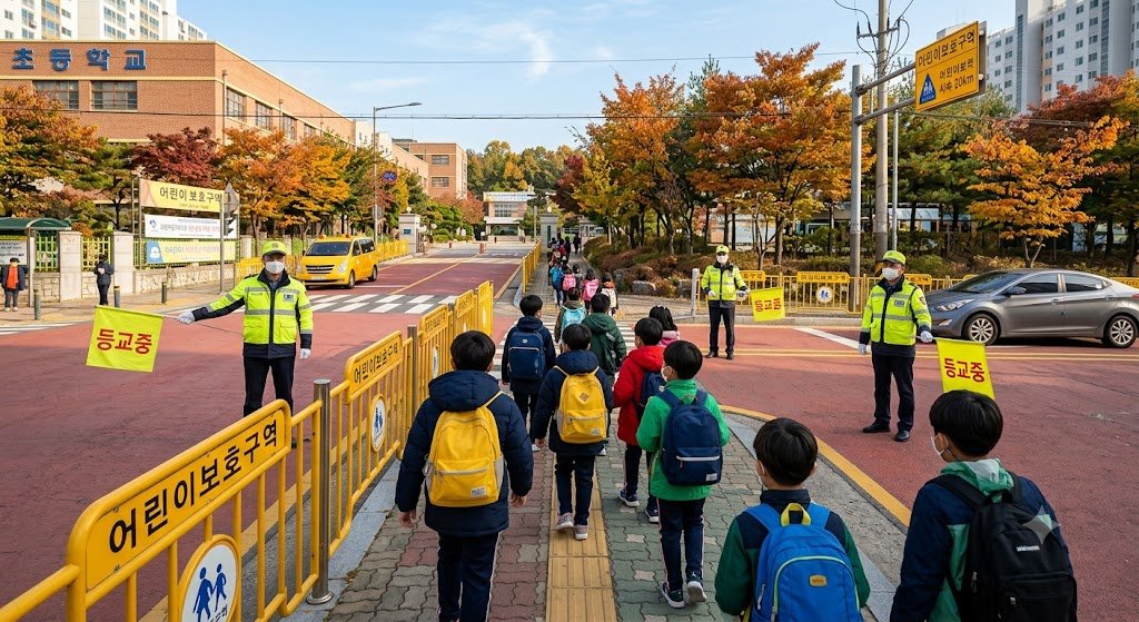 초등학교 앞 어린이 보호구역 통학로에서 노란 깃발을 든 어른들이 등굣길 교통안전 캠페인을 하는 모습