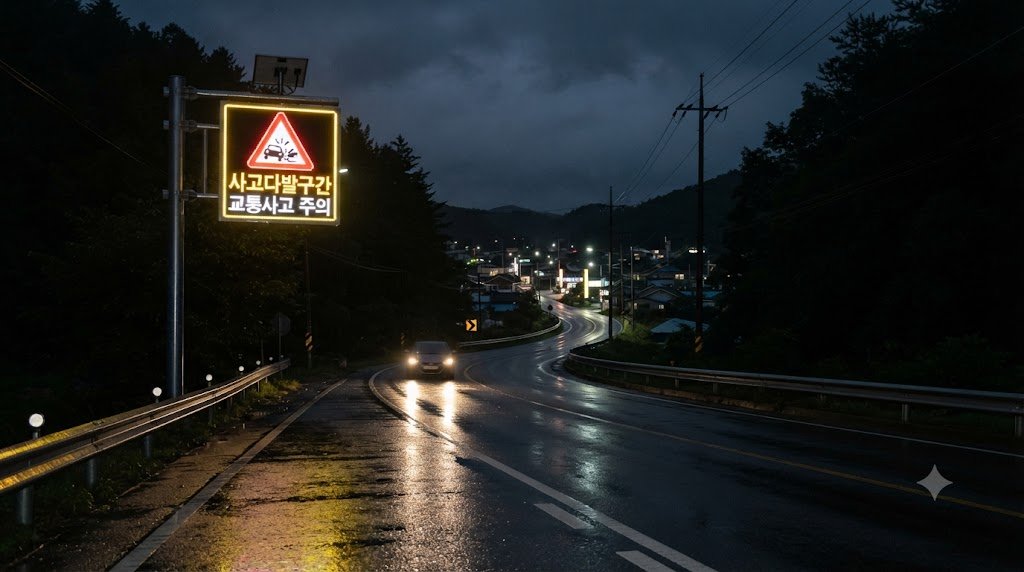 야간 도로 사고 다발 구간에서 지주에 설치되어 빛나는 발광형 안전표지판의 모습