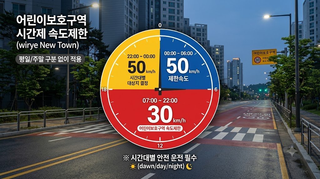 어린이보호구역 시간제 속도제한의 시간대별 적용을 도로 실사 위에 시계형 그래픽으로 표시한 인포그래픽