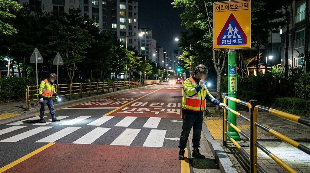야간 어린이보호구역에서 점검 인원이 횡단보도 주변 방호울타리와 안내표지를 확인하는 현장 점검 실사 이미지
