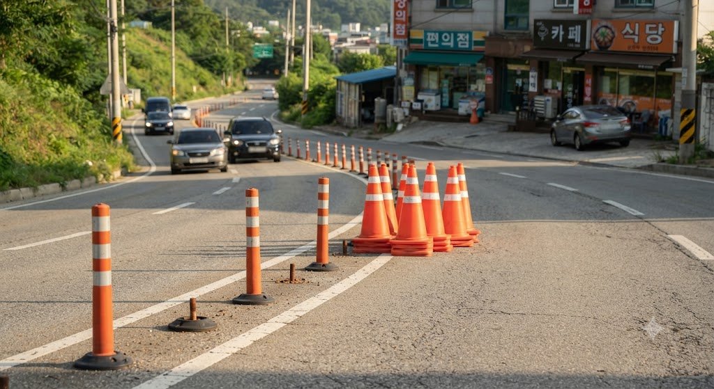 내리막 곡선 도로 중앙에서 시선유도봉 기둥이 사라지고 밑동과 고정 볼트만 남은 훼손 현장과 이동식 안전고깔