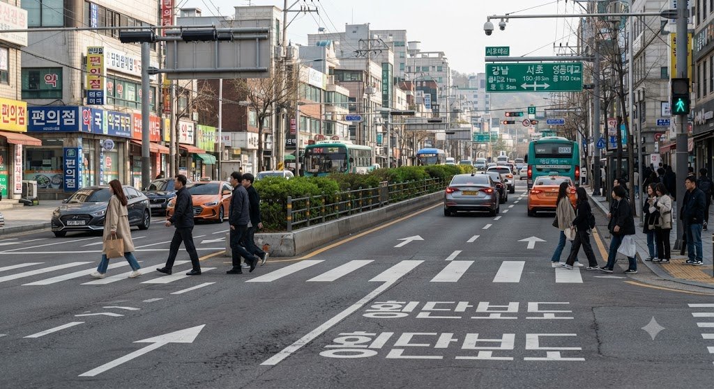 3차로 이상 도심 도로 중앙분리대 구간에서 보행자가 횡단보도 부근을 건너는 모습을 담은 무단횡단 위험 장소 현장 실사
