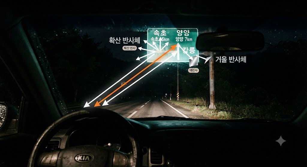 확산 반사, 거울 반사, 역반사에서 빛이 되돌아가는 방향을 야간 도로 사진 위 화살표 그래픽으로 비교해 보여주는 인포그래픽