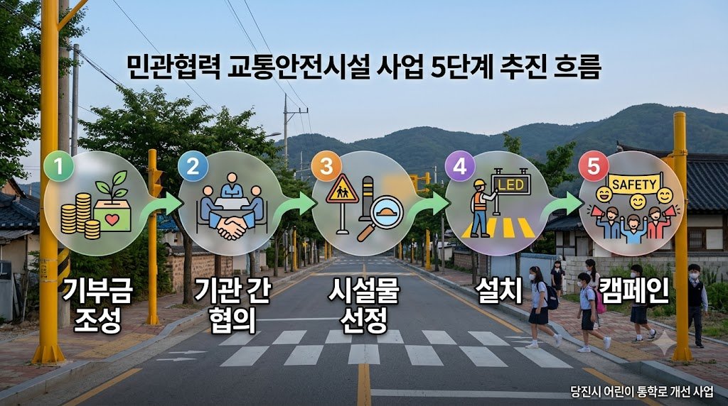 민관협력 교통안전시설 사업의 기부금 조성부터 협의, 설치, 캠페인까지 5단계 추진 흐름 인포그래픽