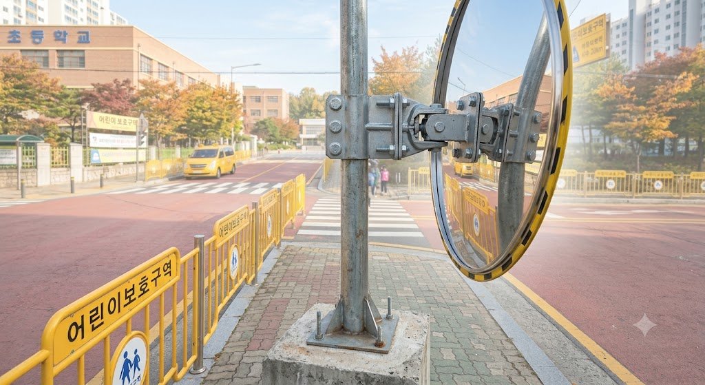 도로 반사경의 거울면, 지주, 고정 브래킷, 설치 기초 등 점검 부위를 보여주는 구조 이미지