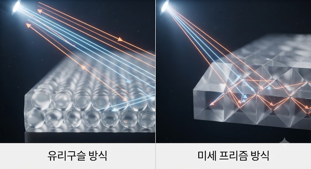 유리구슬 방식과 미세 프리즘 방식 역반사 재료의 내부 구조와 빛의 반사 경로를 확대해 나란히 놓고 비교한 이미지
