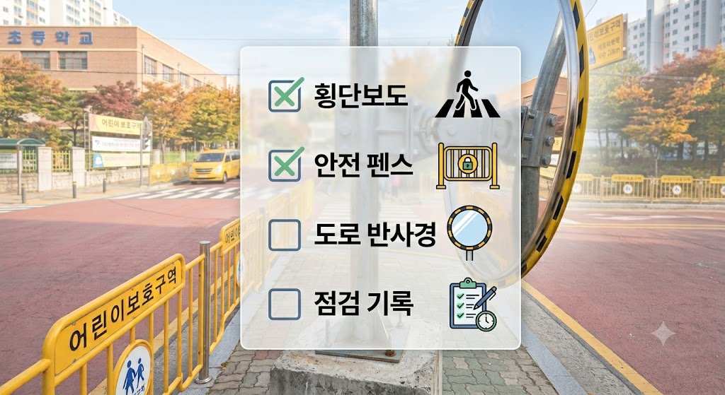 통학로 횡단보도와 안전 펜스 사진 위에 시설물 점검 항목을 체크박스로 표시한 점검 체크리스트 이미지