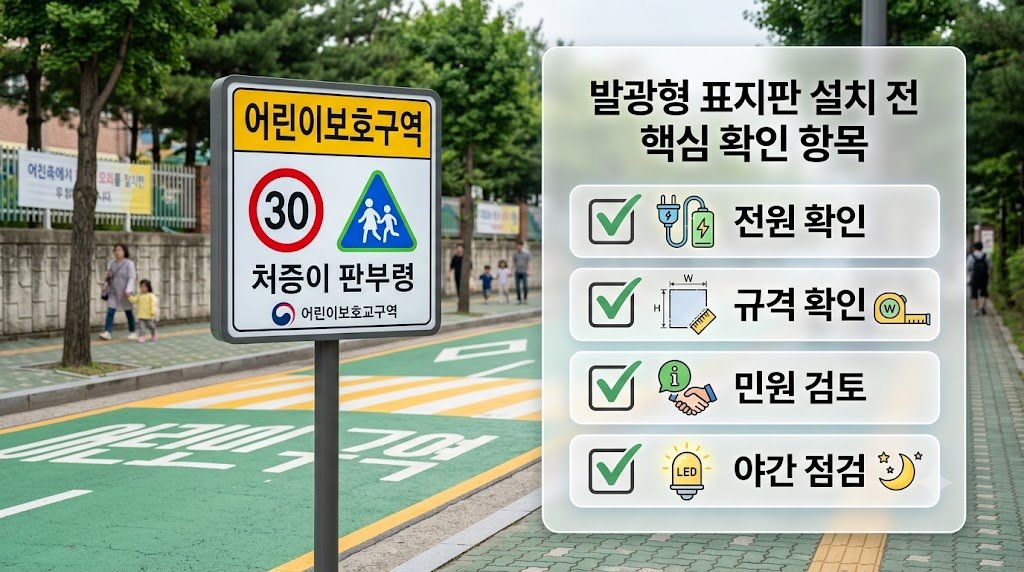 어린이보호구역 안전표지판 설치 전 전원·규격·민원·야간 점검을 확인하는 체크리스트 이미지