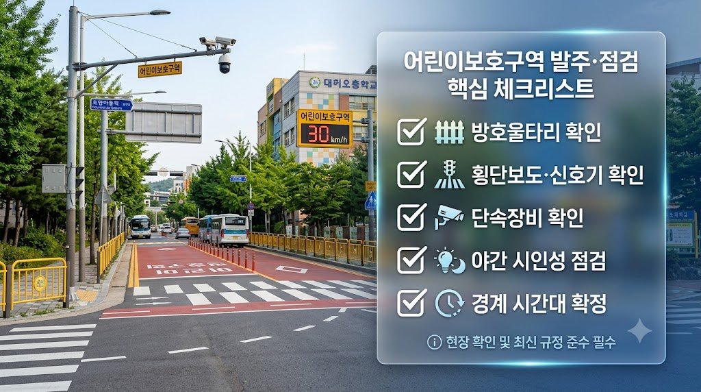 어린이보호구역 실사 배경 위에 방호울타리·횡단보도·단속장비·야간 시인성 점검 항목을 체크박스로 정리한 체크리스트
